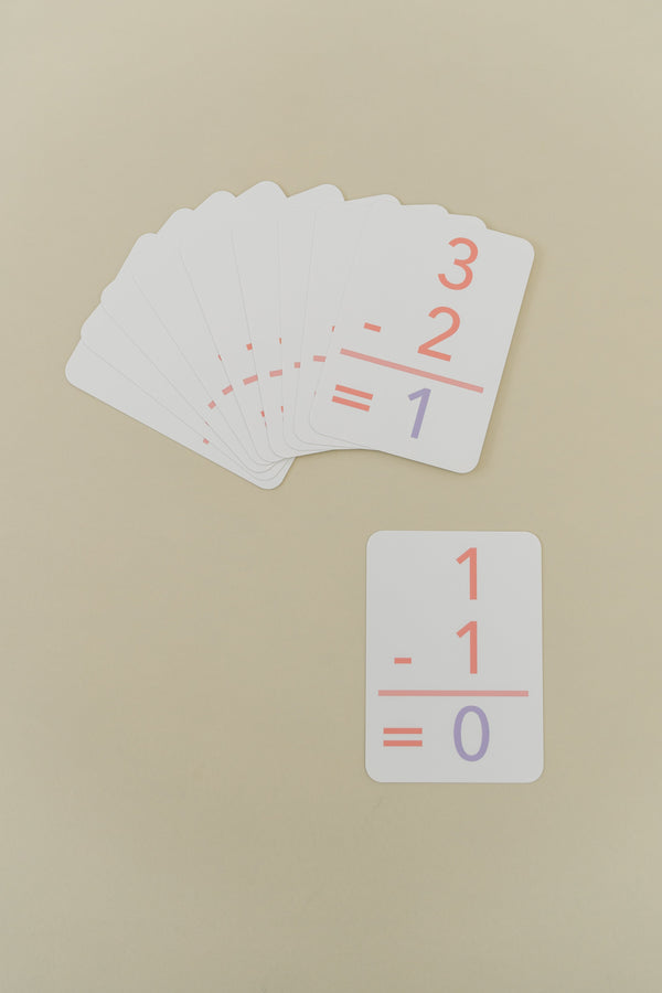 Basic Subtraction Flashcards for kids, perfect for learning and fun, displayed at an angle.