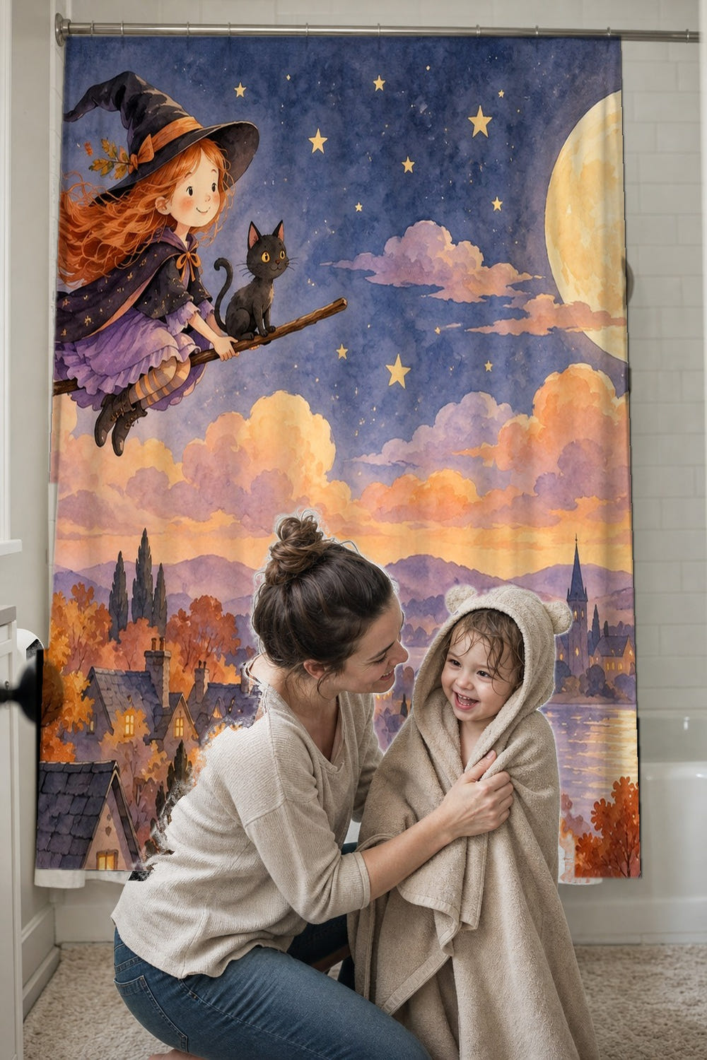 Little Witch Halloween shower curtain, full front view of the 71 x 74 in fabric curtain