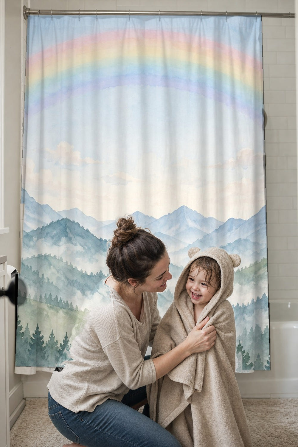 Misty Mountain Rainbow shower curtain, full front view of the 71 x 74 in fabric curtain