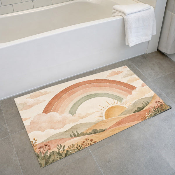 Rainbow Sunrise Hills bath mat on the floor in front of the tub