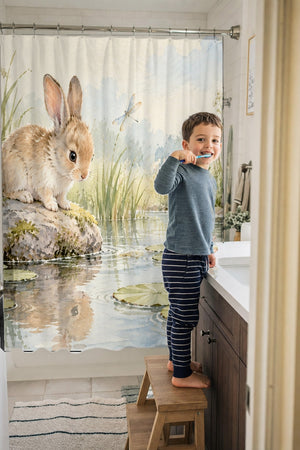 Child brushing teeth in a family bathroom with the Quiet Garden Pond Bunny shower curtain