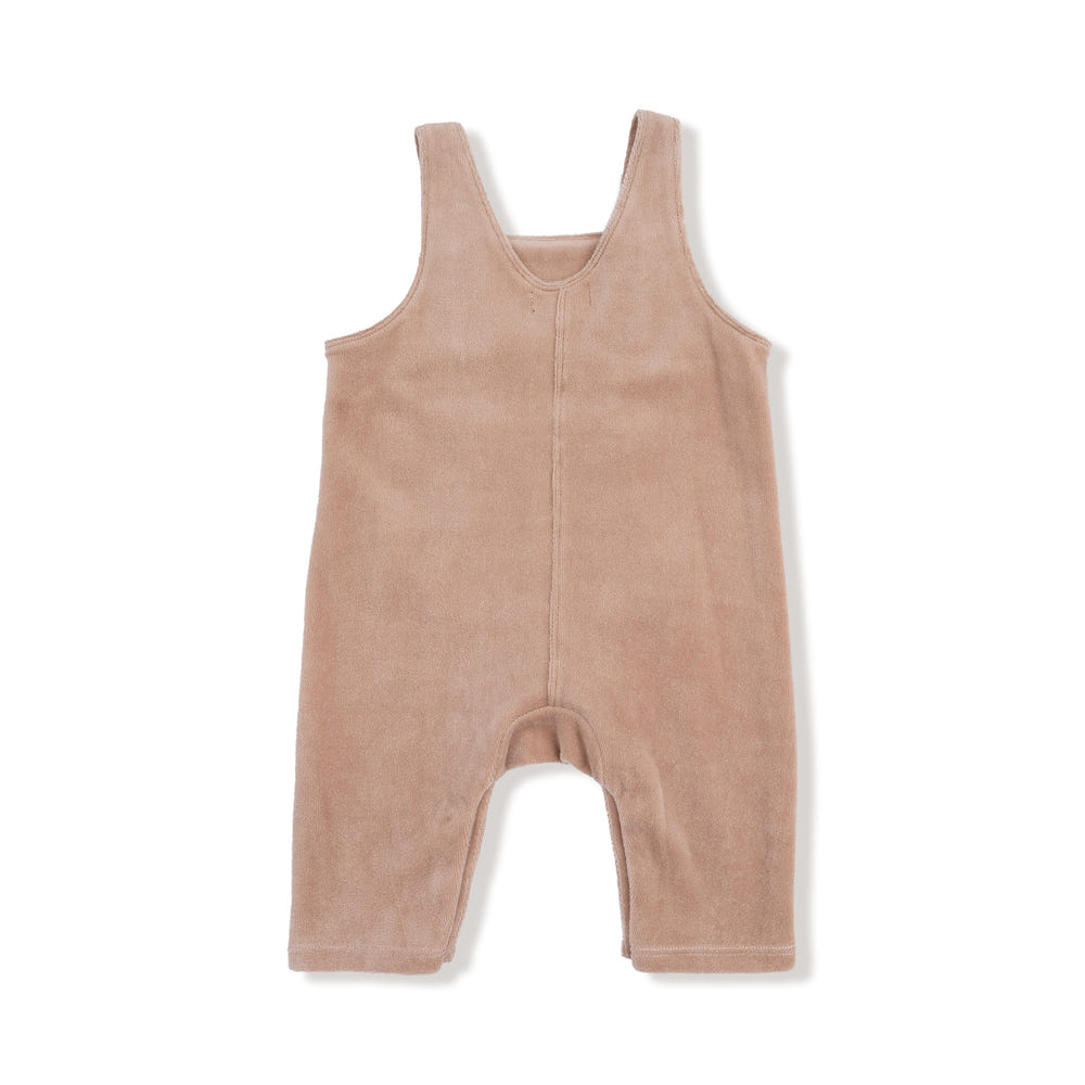 Soft velour teddy bear in overalls with a cute bear kanga pocket, perfect for cuddly playtime.