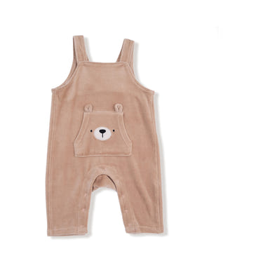 Soft velour teddy bear in overalls with a cute bear kanga pocket, perfect for cuddly playtime.