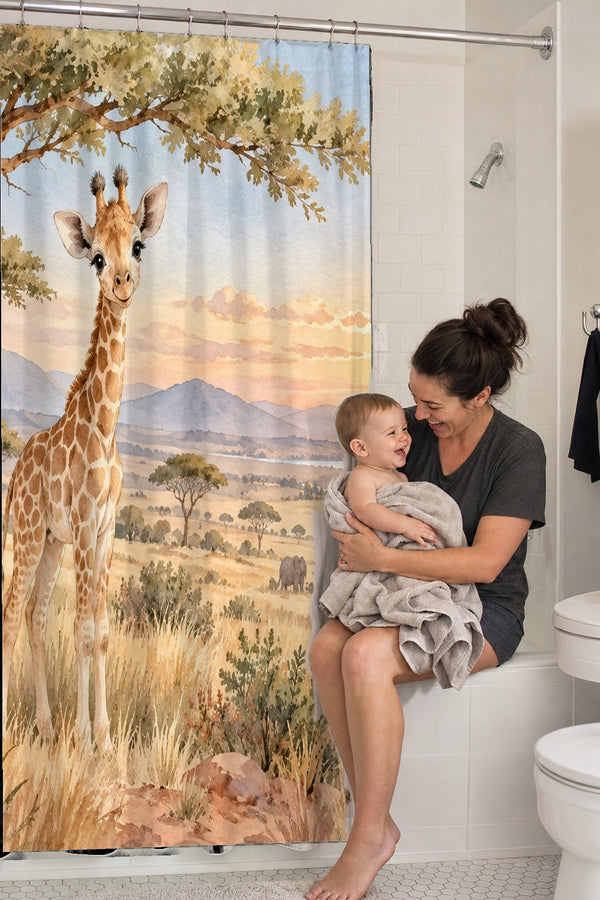 Mom holding her baby on the tub edge next to the Baby Giraffe Safari shower curtain