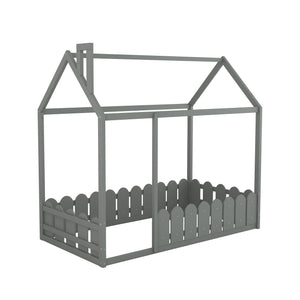 {Slats are not included}Twin Size Wood Bed House Bed Frame with Fence for Kids Teens Girls Boys {Gray}