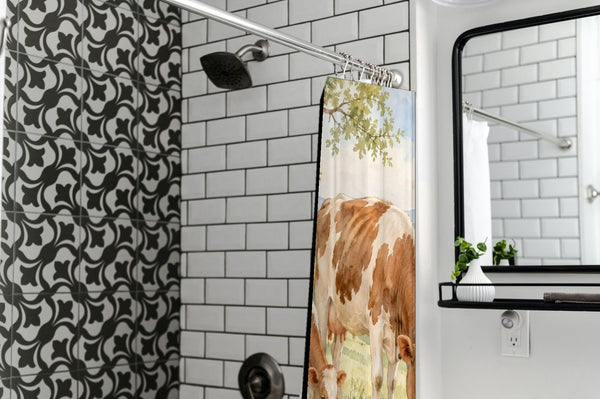 Cow and Calf Farm shower curtain in a modern farmhouse bathroom with subway tile