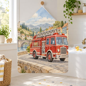 Fire Truck Town kids hooded bath towel hanging in a kids bathroom