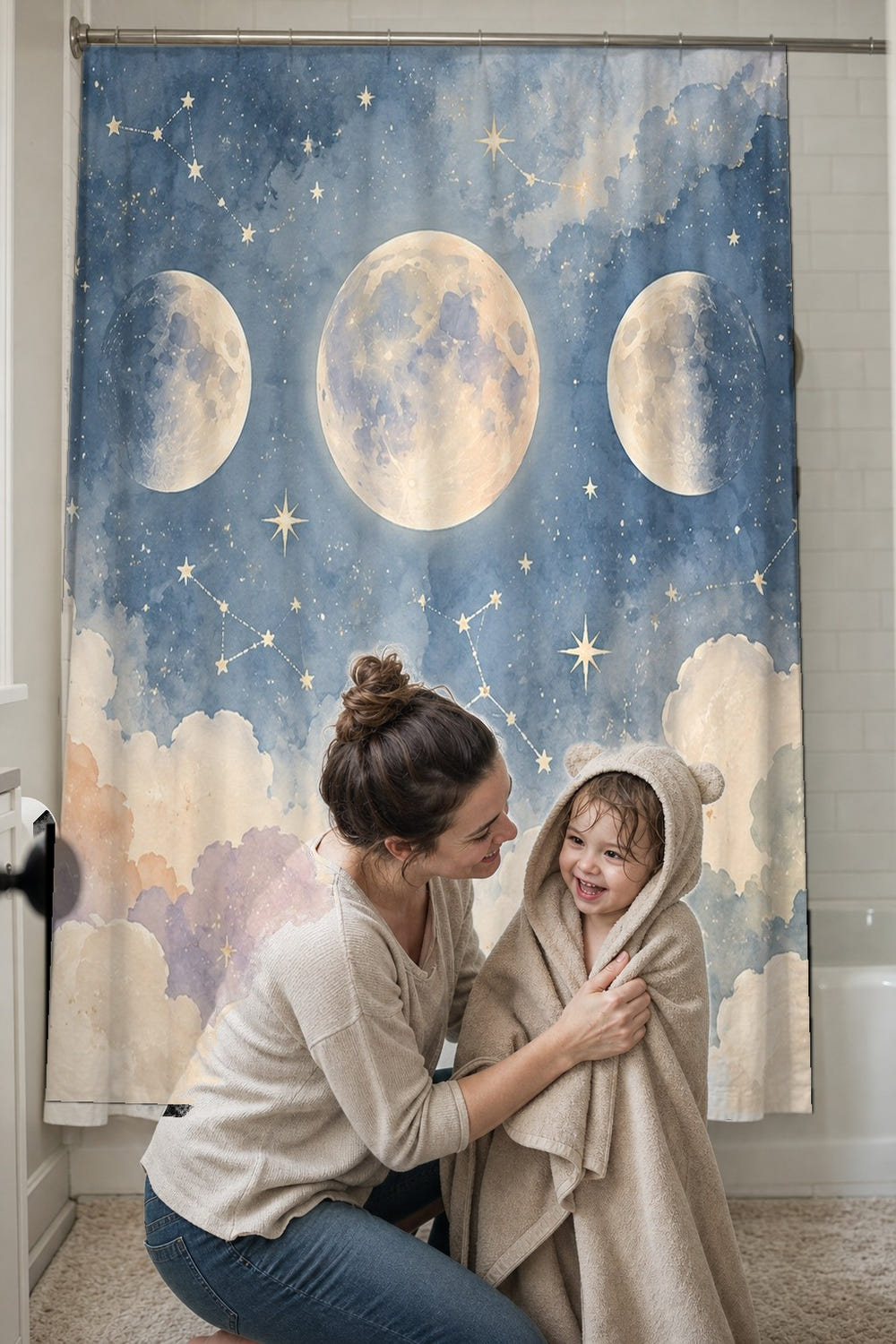 Moon Phases shower curtain, full front view of the 71 x 74 in fabric curtain