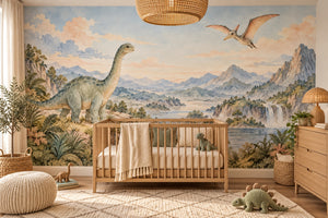 Watercolor Mountain Dinosaur Wall Mural, image 1