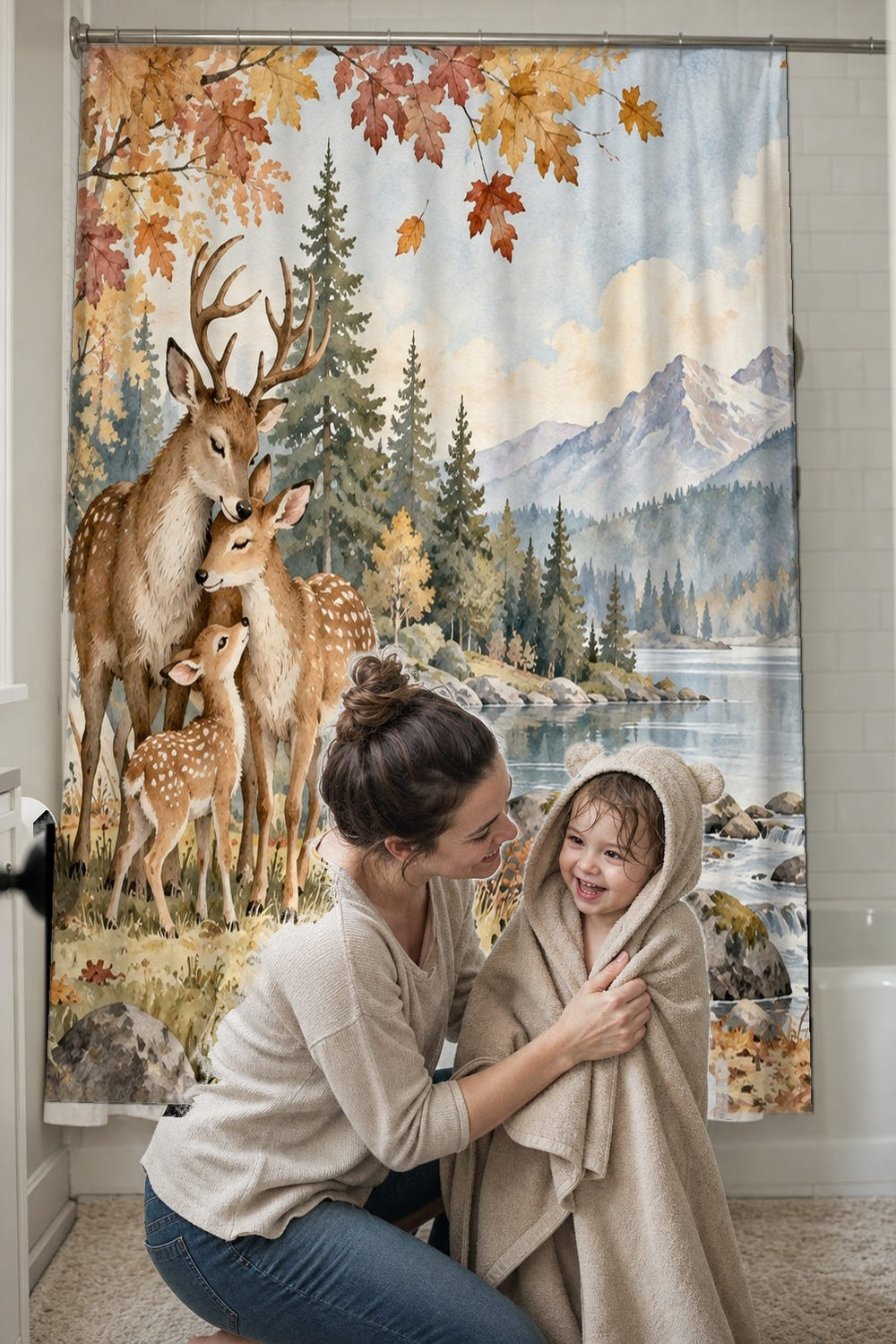 Deer Teepee Camping shower curtain, full front view of the 71 x 74 in fabric curtain