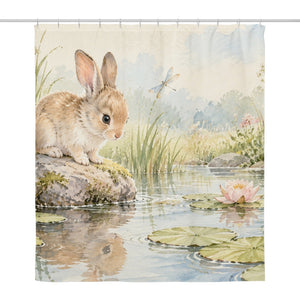 Quiet Garden Pond Bunny shower curtain, full front view of the 71 x 74 in fabric curtain