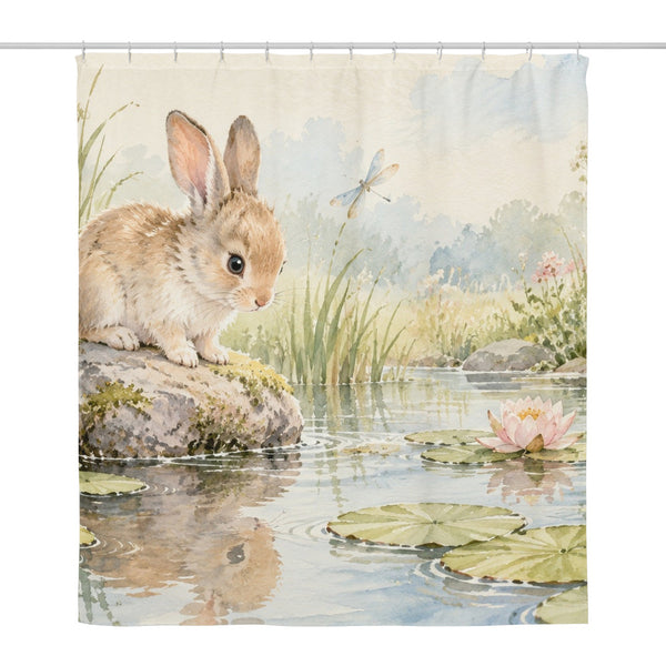 Quiet Garden Pond Bunny shower curtain, full front view of the 71 x 74 in fabric curtain