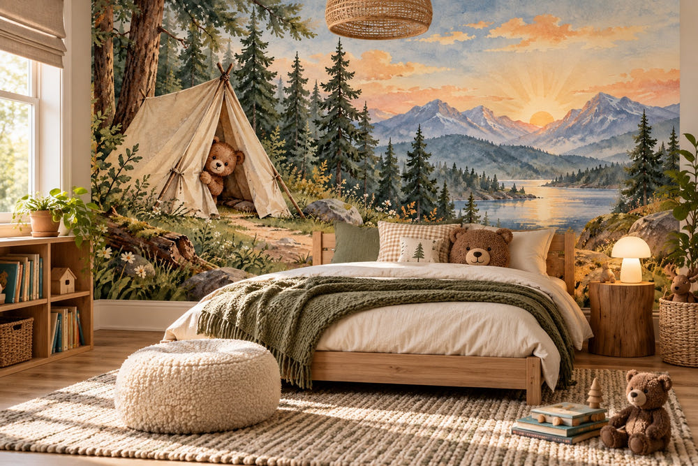 Watercolor Bear Tent Sunrise Camping Wall Mural, image 1