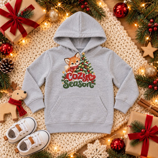 Cozy Season toddler hoodie in heather grey, Christmas flat lay