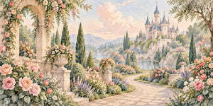 Watercolor Castle Garden Fairy Tale Wall Mural, image 3