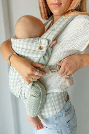 Monroe x Coco Gingham Cotton Baby Carrier for infants 7-35 lbs, shown at angle 5, stylish and comfortable design.