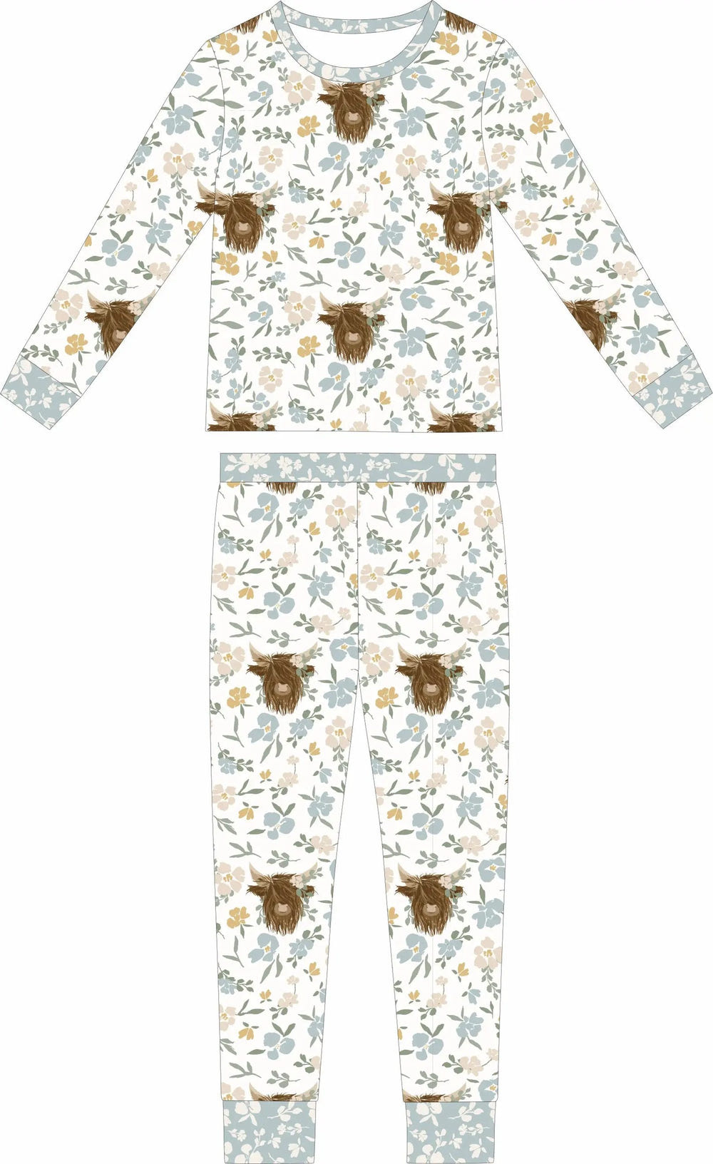Max and Pippa - Bamboo Floral Highland Cow 2-Piece Pajama Set