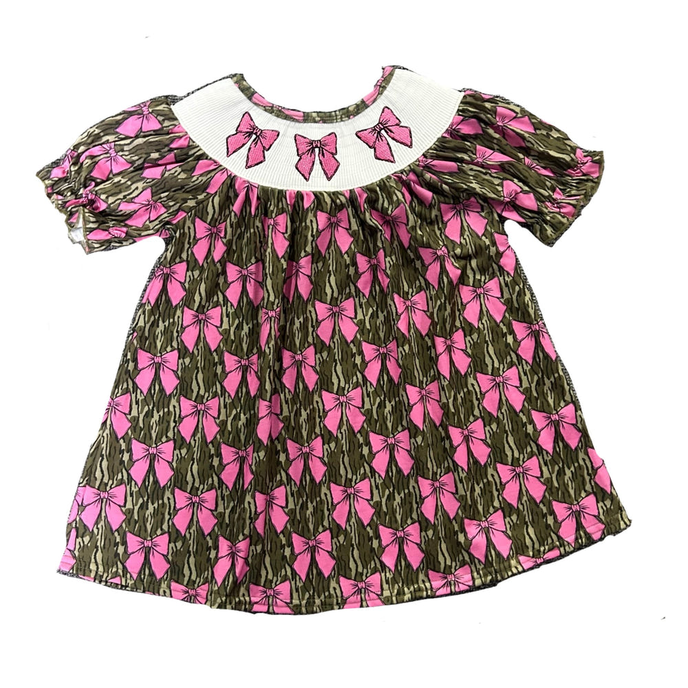 Smocked camo bows dress for babies, perfect for stylish and comfortable everyday wear.