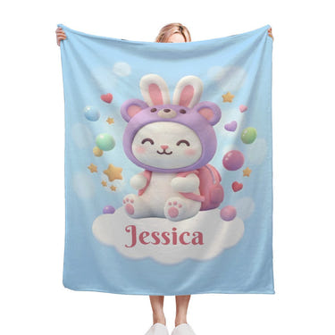 Personalized Kawaii Bunny Blanket | Custom Name | Purple Bunny Hood Throw