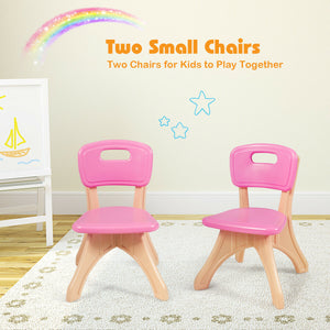 Colorful 3-piece plastic children play table and chair set for indoor and outdoor use, shown at angle 7.