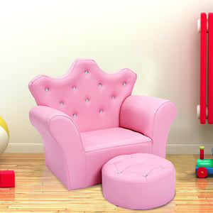 Pink kids sofa armrest couch with matching ottoman, perfect for children's rooms and play areas.