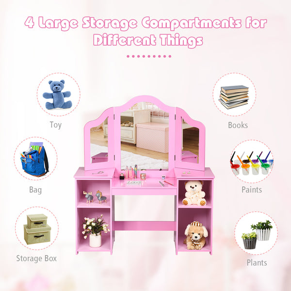 Kids tri-folding mirror makeup vanity table set for stylish playtime and dressing fun. Angle 14 view.