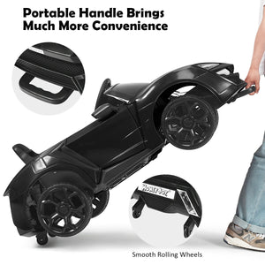 12V 2.4G RC electric vehicle for kids with lights, angled view showcasing its fun design and features.