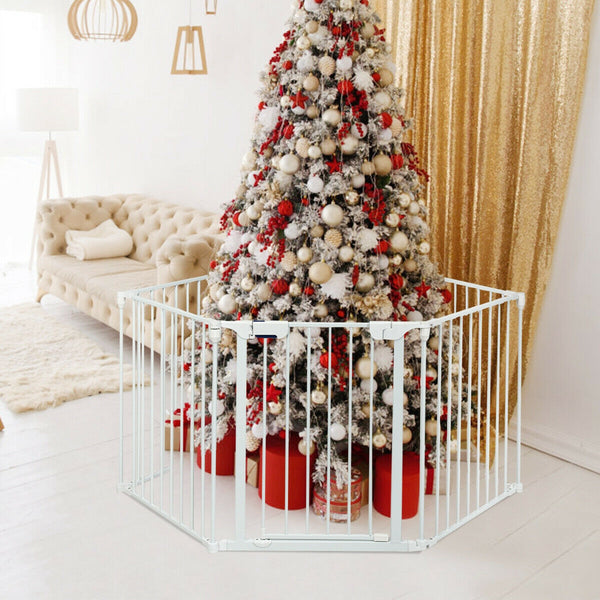 Adjustable 5-panel fireplace fence for babies and pets, 115 inches long, shown at angle 14.