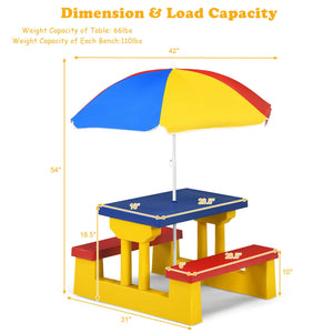 Kids picnic folding table and bench set with umbrella, perfect for outdoor play and family gatherings.