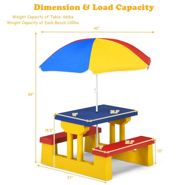 Kids picnic folding table and bench set with umbrella, perfect for outdoor play and family gatherings.