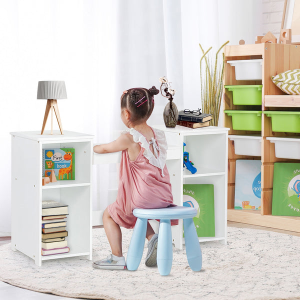 Kids tri-folding mirror vanity table set for makeup, perfect for little ones' dressing and playtime. Angle 2 view.