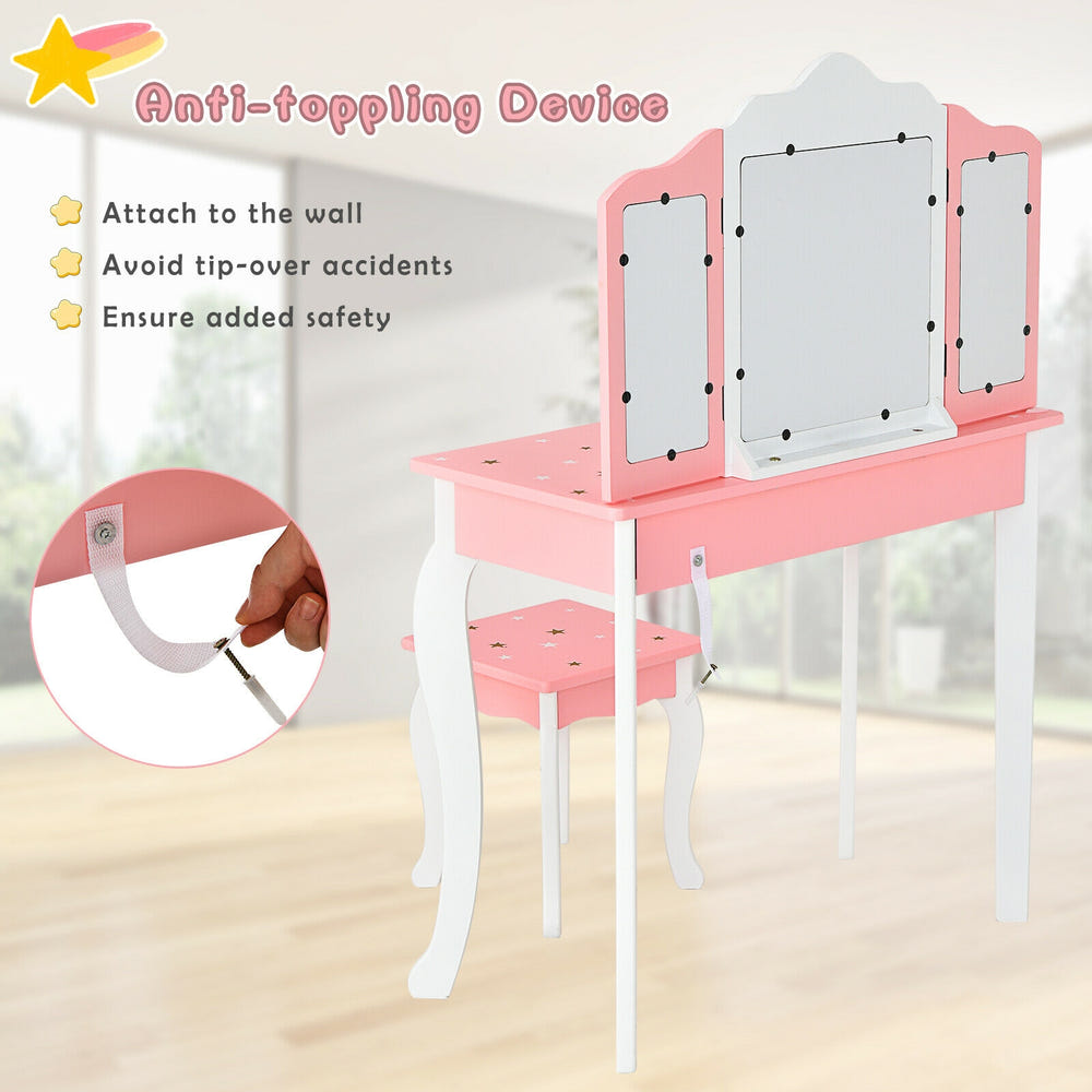 Kids Princess Vanity Table and Stool Set with Tri-folding Mirror and Drawer for imaginative play and stylish storage.