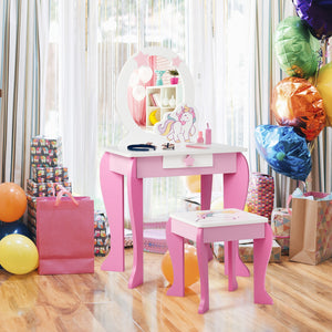 Kids wooden makeup dressing table and chair set with mirror and drawer for imaginative play.