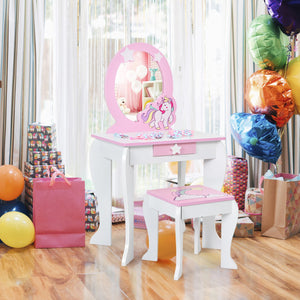 Kids Wooden Makeup Dressing Table and Chair Set with Mirror and Drawer for Girls