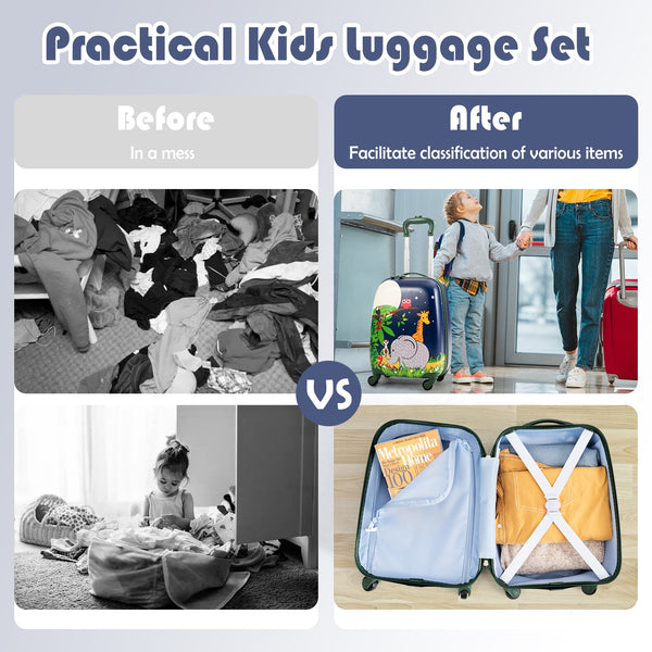 Green ABS kids suitcase set, 12-inch and 16-inch, perfect for travel. Ideal for babies and kids.