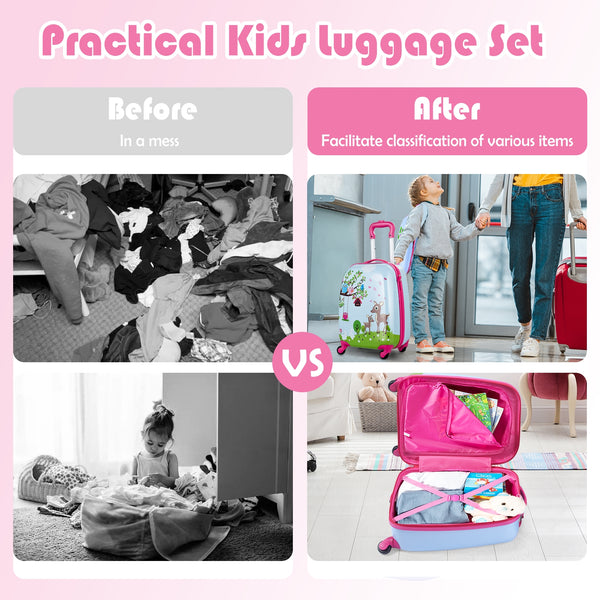 Green ABS kids suitcase set, 12" & 16", perfect for travel, shown at a 15-degree angle.