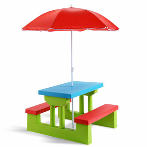 Kids picnic folding table and bench set with umbrella, perfect for outdoor fun and playtime. Angle 3 view.