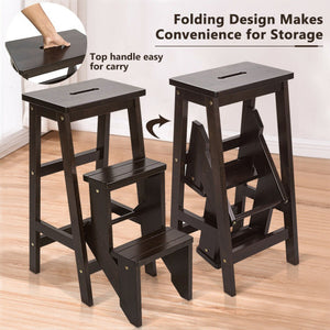 3 Tier Step Stool 3 in 1 Folding Ladder Bench-Brown