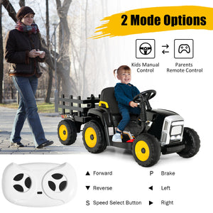 12V ride-on tractor with 3-gear shift and ground loader for kids aged 3+, angled view showcasing vibrant design.