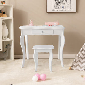 Kids makeup vanity table set with mirror and stool, perfect for imaginative play and dressing up.