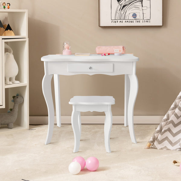 Kids makeup vanity table set with mirror and stool, perfect for imaginative play and dressing up.