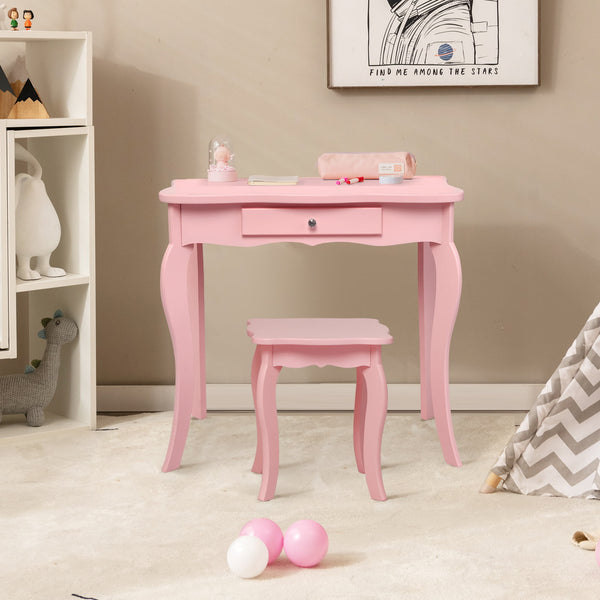 Kids makeup vanity table set with mirror and stool, perfect for imaginative play. Angle view showcasing design and features.