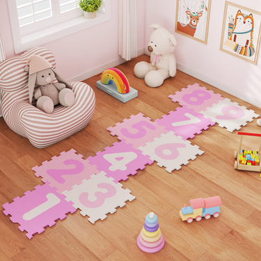 9-piece interlocking foam puzzle floor mat with 3 marker discs for babies and kids, colorful and safe play area.