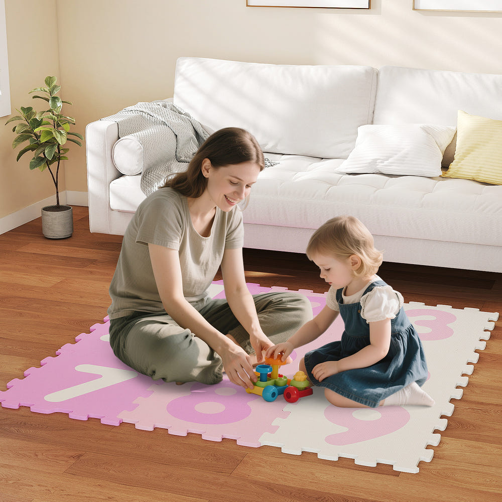 9-piece interlocking foam puzzle floor mat with 3 marker discs for babies and kids, colorful and safe play area.