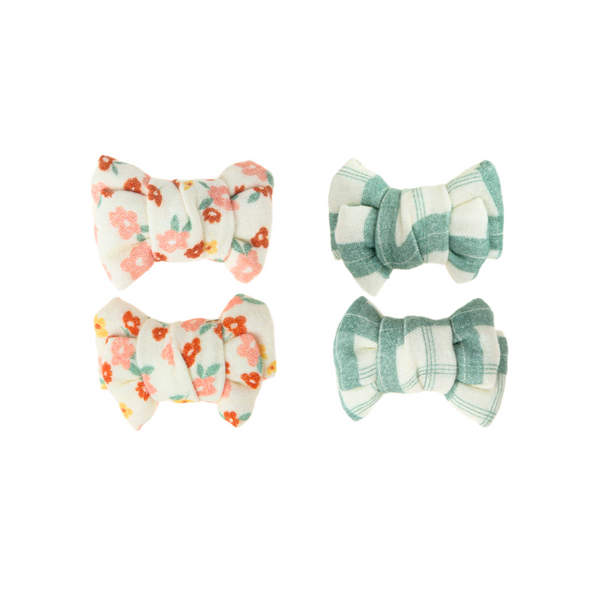 Organic sunset meadow pigtail bow hair clips set of 2, perfect for baby accessories and seasonal wear.