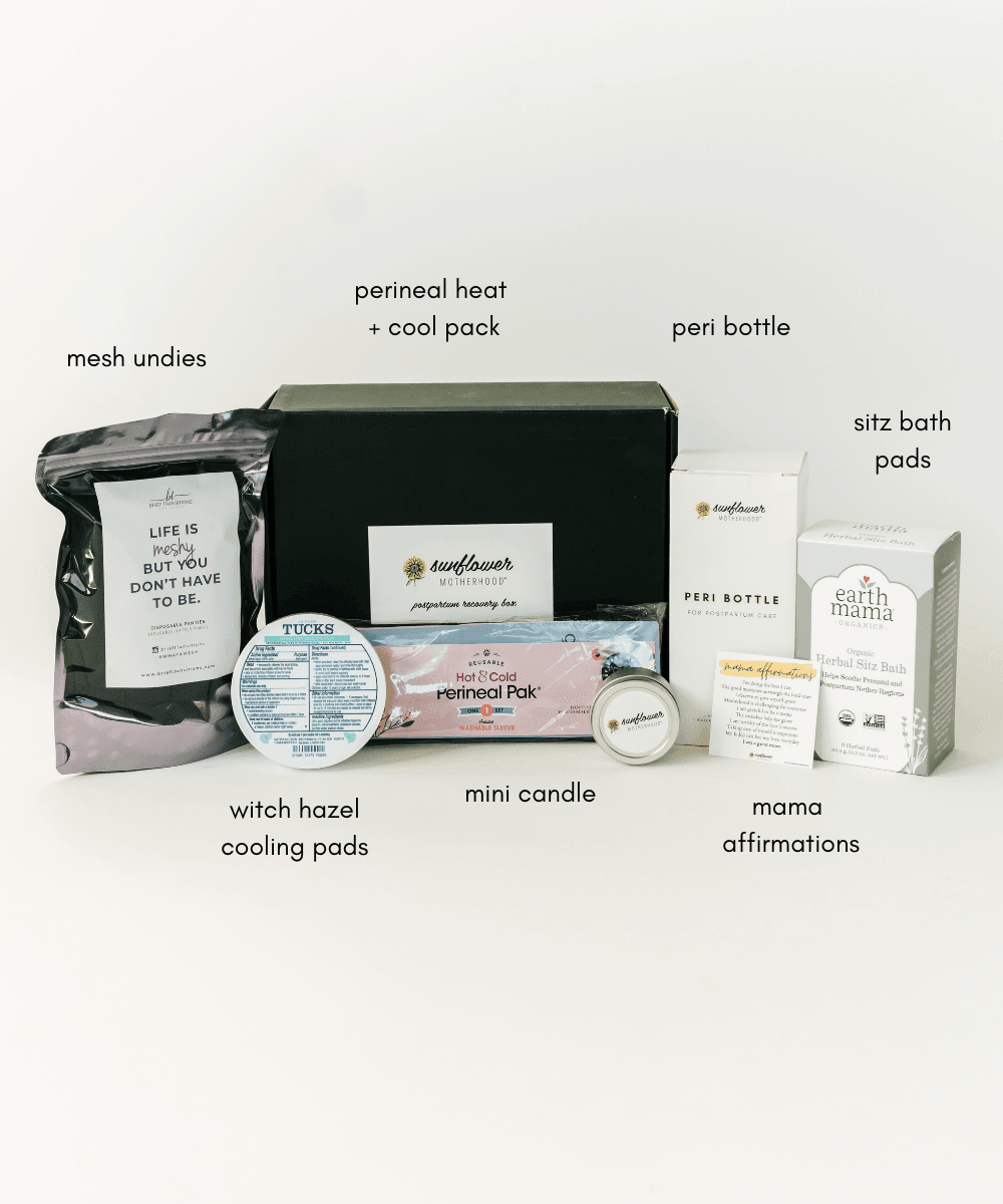 "Postpartum Recovery Box for new moms, featuring essential baby gift set items for comfort and care."