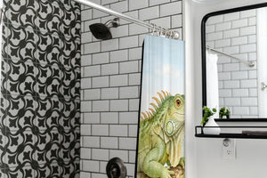 I is for Iguana Alphabet shower curtain in a modern farmhouse bathroom with subway tile