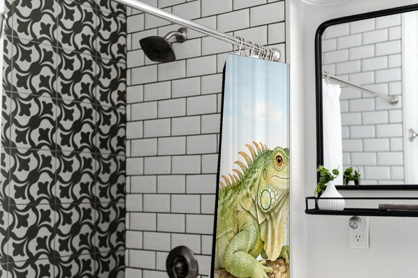 I is for Iguana Alphabet shower curtain in a modern farmhouse bathroom with subway tile