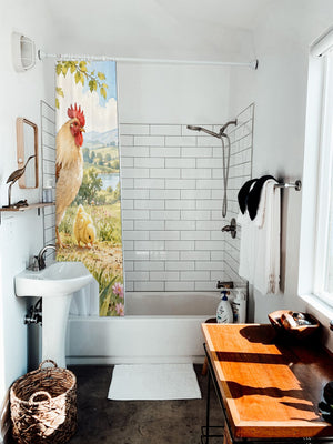 Chicks Field Farm shower curtain hanging on the rod over a white bathtub