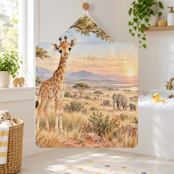 Baby Giraffe Safari kids hooded bath towel hanging in a kids bathroom